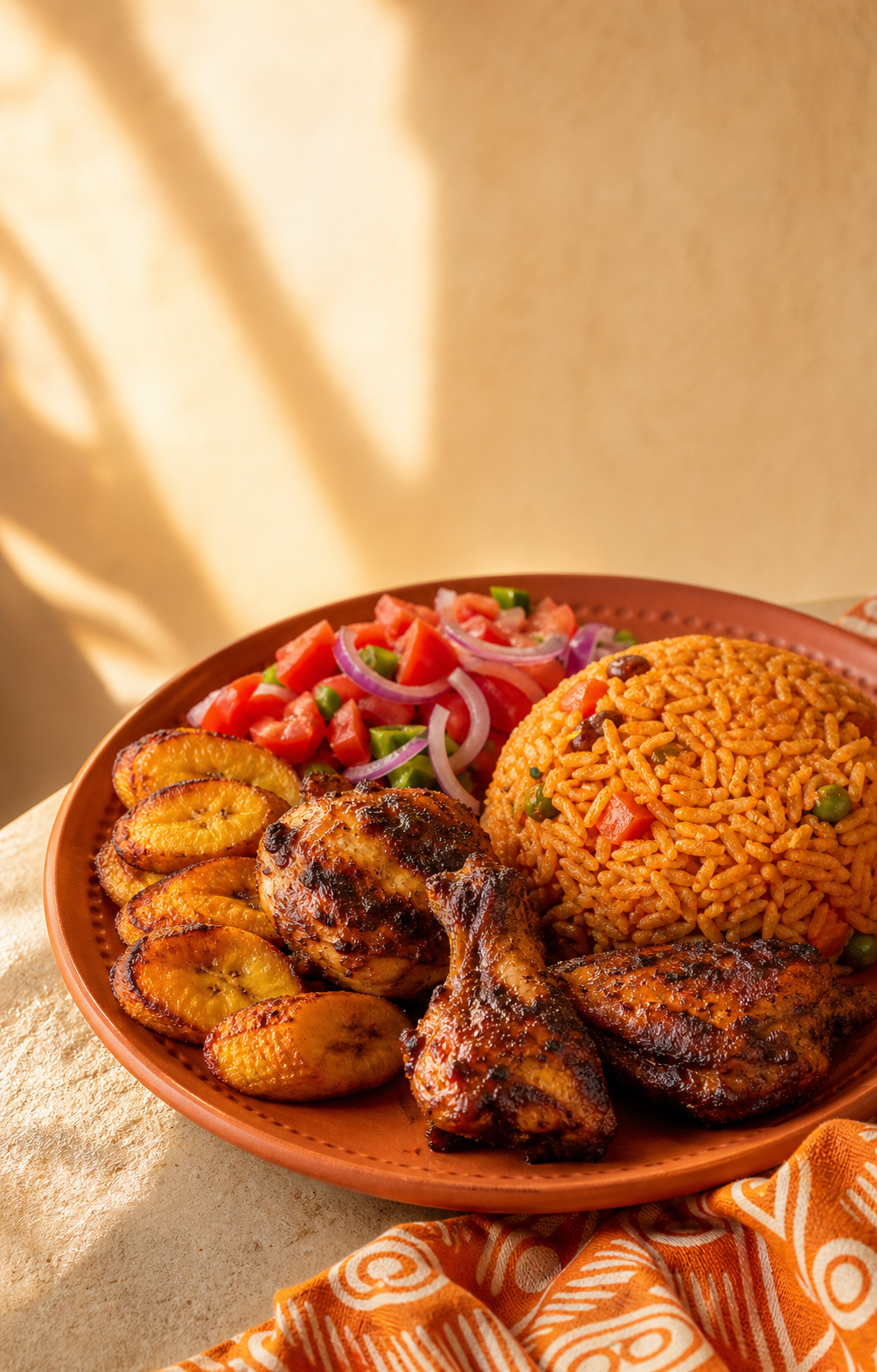 Grilled chicken, rice, fried plantain, and fresh salad